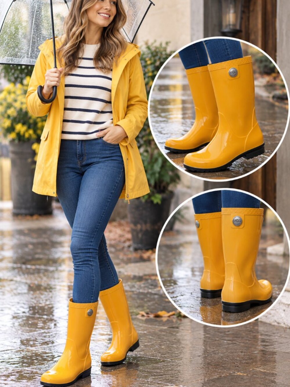 UGG Sienna Rain Boots Yellow Gloss Waterproof Rubber Calf Sz 9
